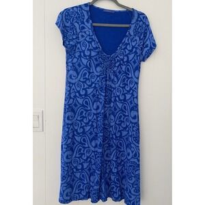 Fresh Produce Women's Blue Floral Sheath Dress Ruched Sweetheart Neck Sz Medium